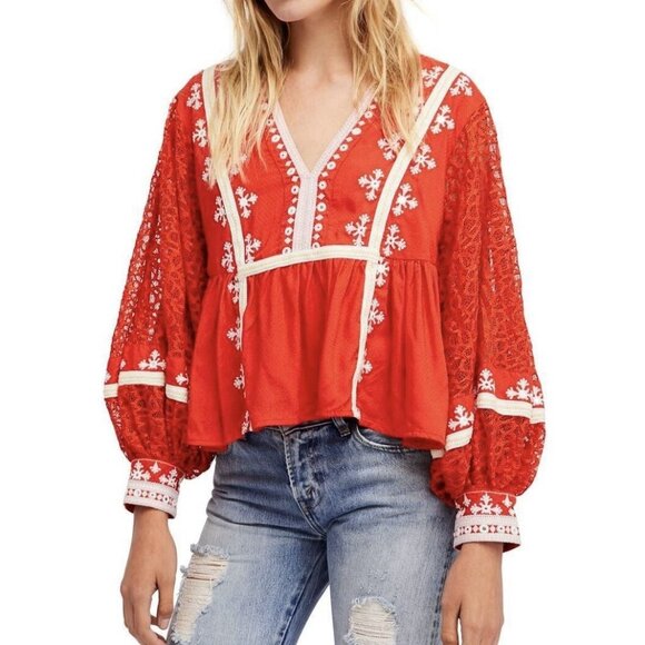 Free People Tops - Free People Blouse boogie all night Size XS Crop top Embroidery Lace Red V Neck